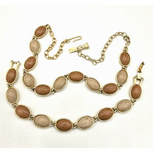 Amerique Necklace Bracelet Set Wood Neutral Gold Tone 15" Chain 6.75" Wrist